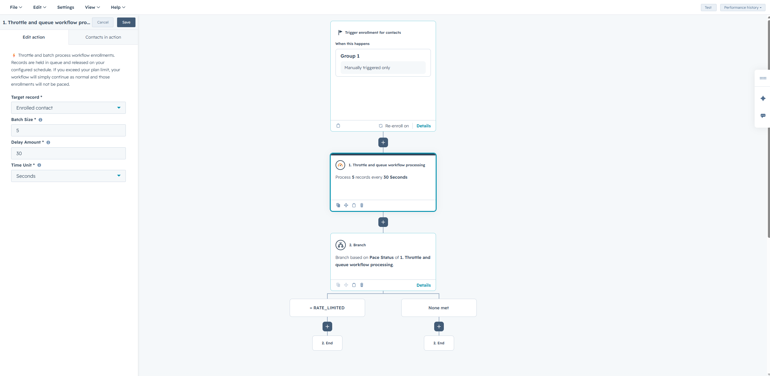 Pace workflow action configuration in HubSpot