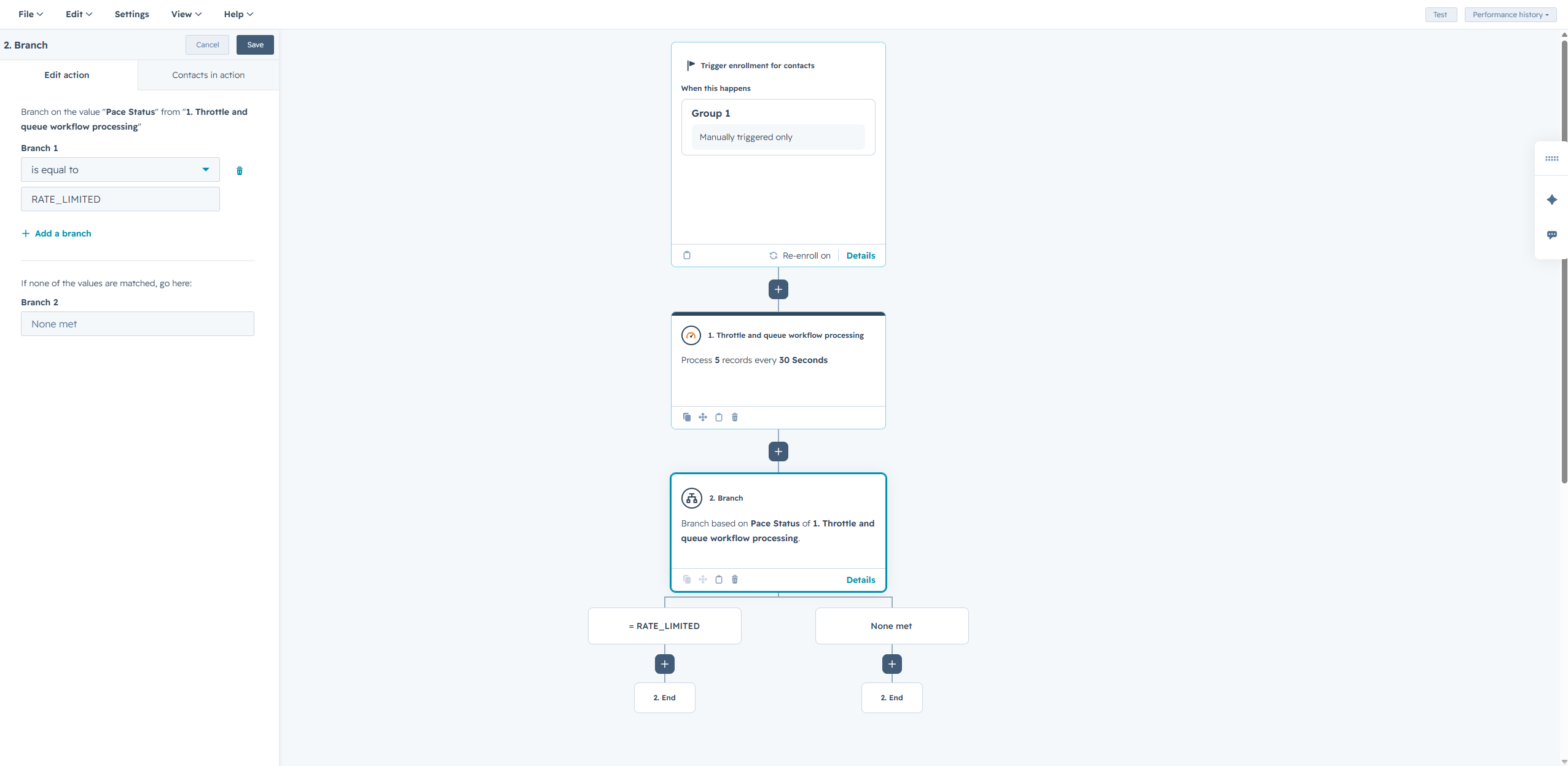 Pace RATE_LIMITED branch setup in HubSpot workflow